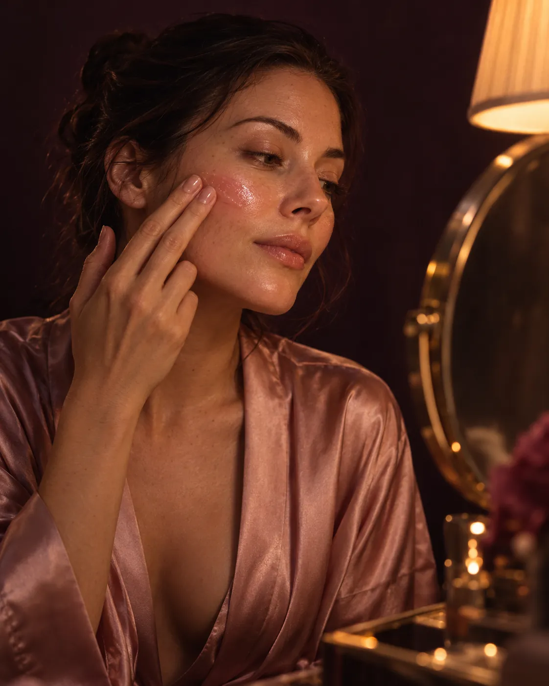 A woman smoothing rose balm over her cheek at a lamp-lit mirror