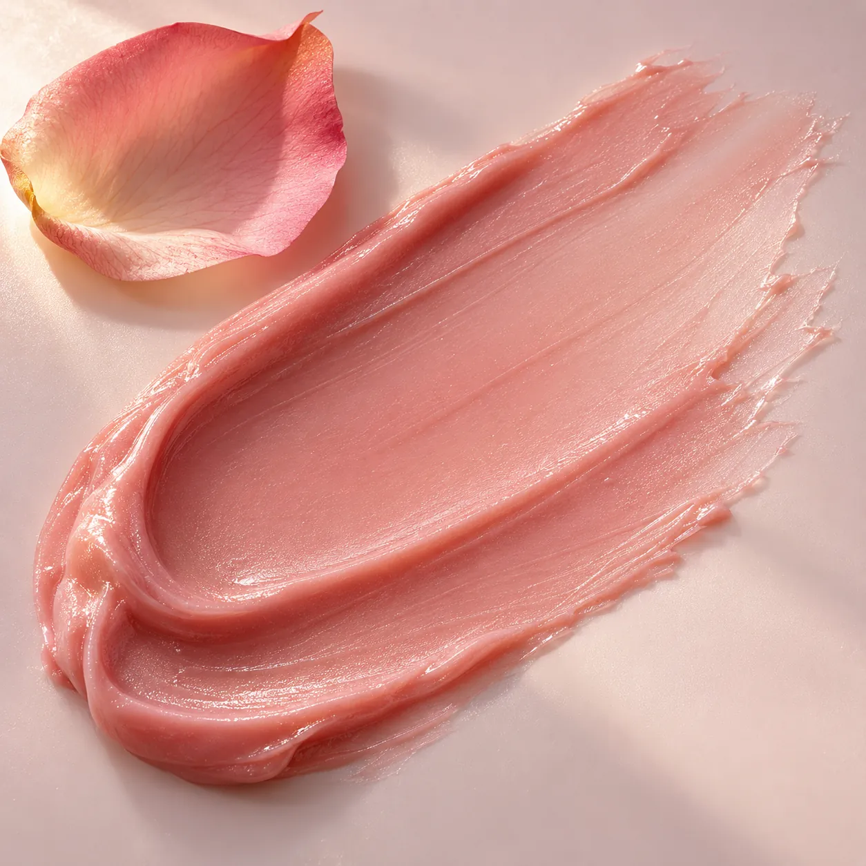 A swipe of blush rose balm beside a rose petal