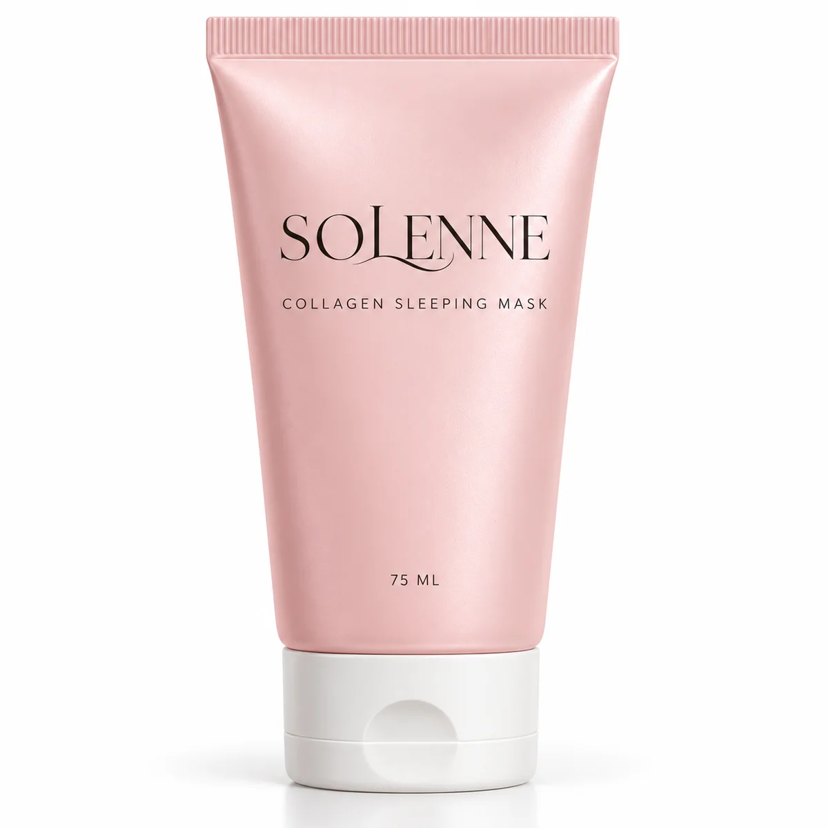 Solenne Collagen Sleeping Mask, 75 ml pink tube with white flip cap, on white.