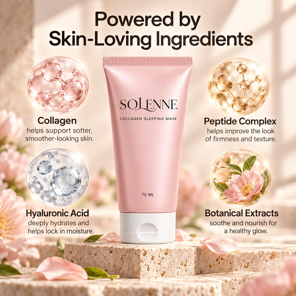 Key ingredients: collagen, peptide complex, hyaluronic acid and botanical extracts.