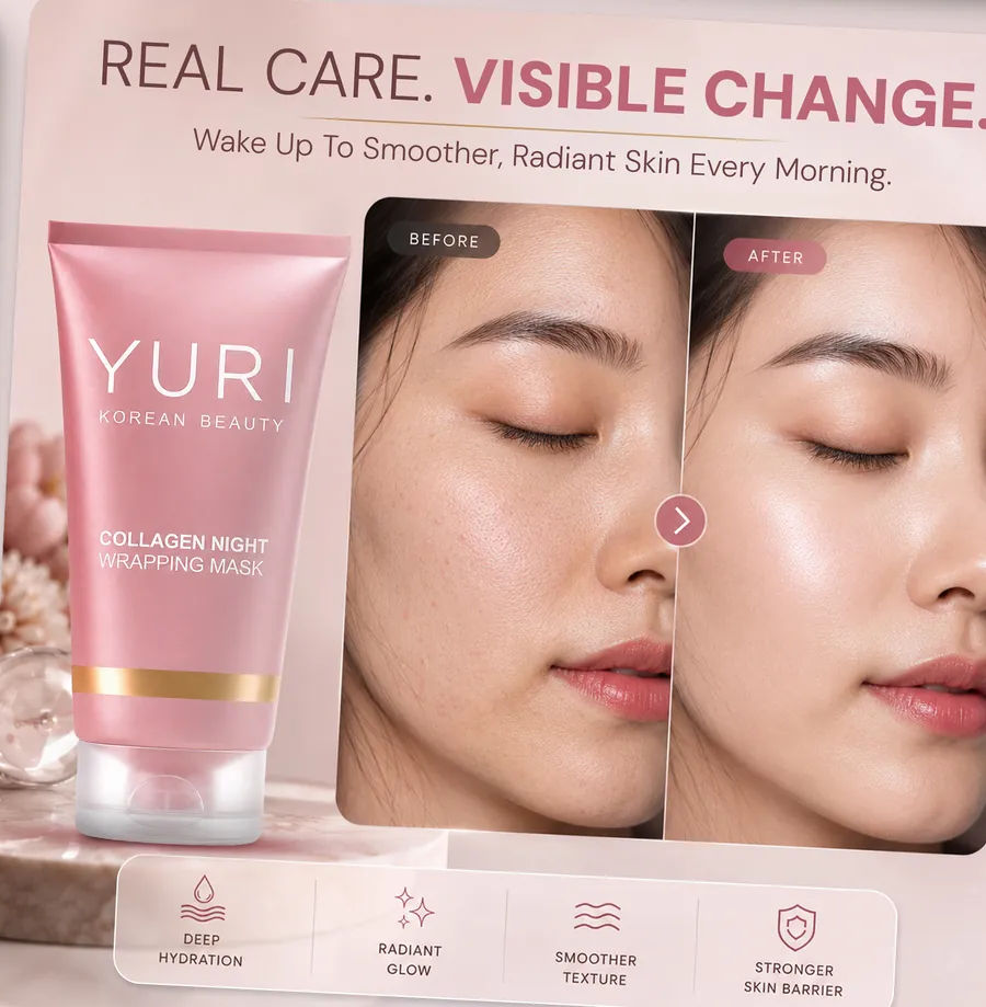 YURI listing slide: before and after skin comparison with four benefit icons