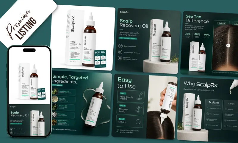 ScalpRx scalp recovery oil Amazon listing with ingredients and results slides